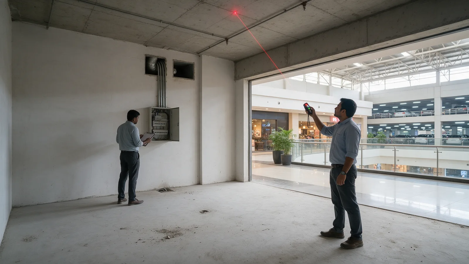 Surveyor measuring ceiling height and inspecting the electrical board in an empty restaurant shell